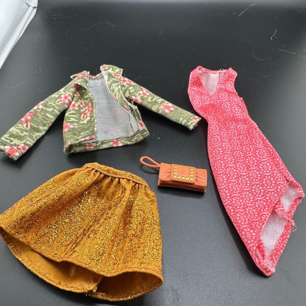 Barbie Doll Clothes Fashionistas Pink Dress Floral Jacket Gold Skirt Purse